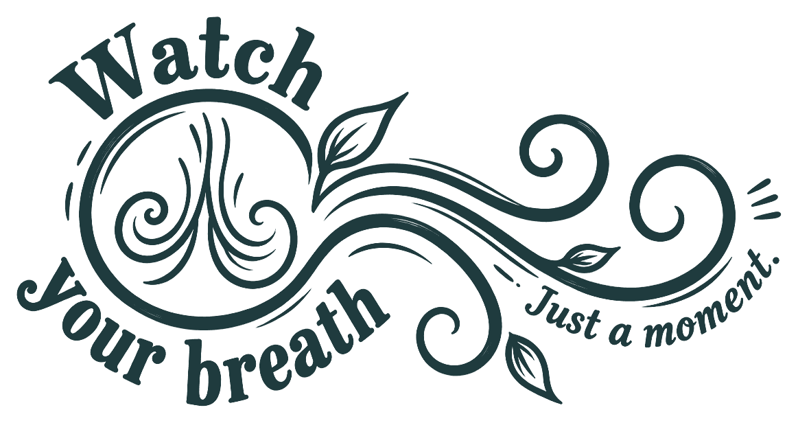 A hand-drawn ring of breath flowing out into wind lines, curls and leaves, with the words drawn in.