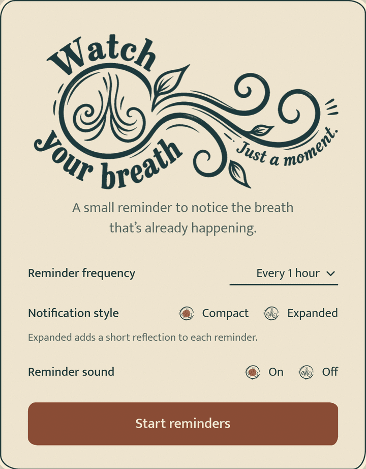The first-run screen: reminder frequency, notification style and reminder sound, above a Start reminders button.