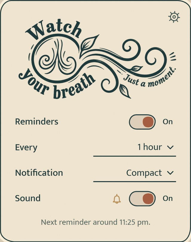 The extension popup: the hand-drawn sticker above rows for Reminders, Every, Notification and Sound.
